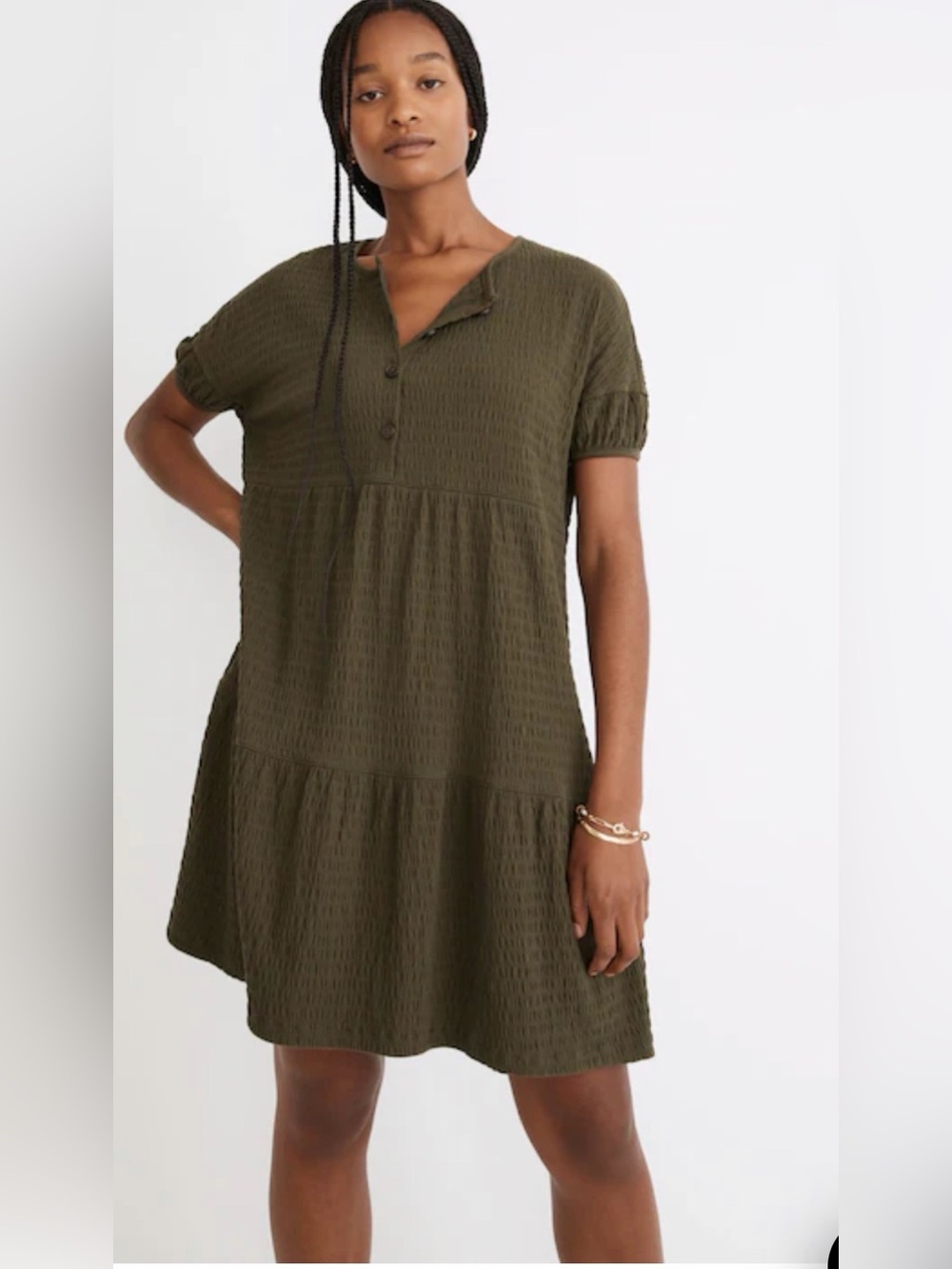 Madewell (Re)sourced Crinkle-Knit Tiered Mini Dress Army Green Size xl